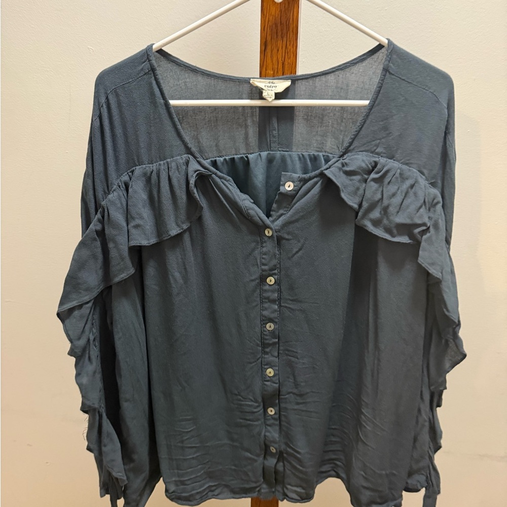 Women's Blue Ruffle Button-Up Top - Picture 3 of 5